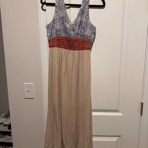 Flying Tomato Blue and Beige Long Dress with Orange Accents